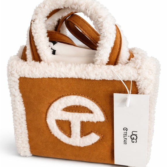 Telfar Handbags - Telfar Suede Mini Tote with Cream Shearling Trim - Chestnut